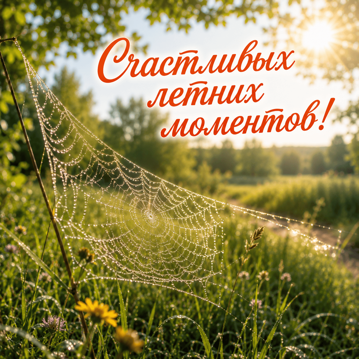 Открытка с паутиной в траве и надписью «Счастливых летних моментов!»