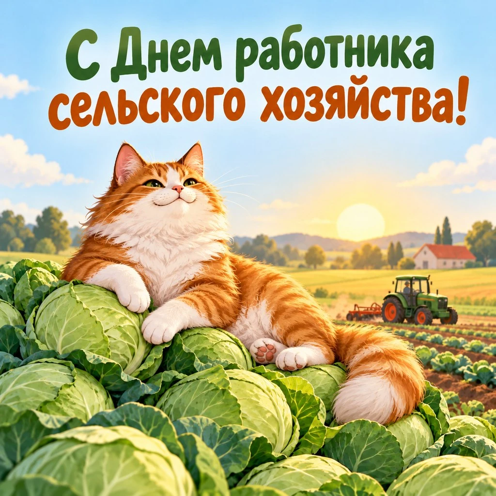 Красивая открытка с котом ко Дню работника сельского хозяйства
