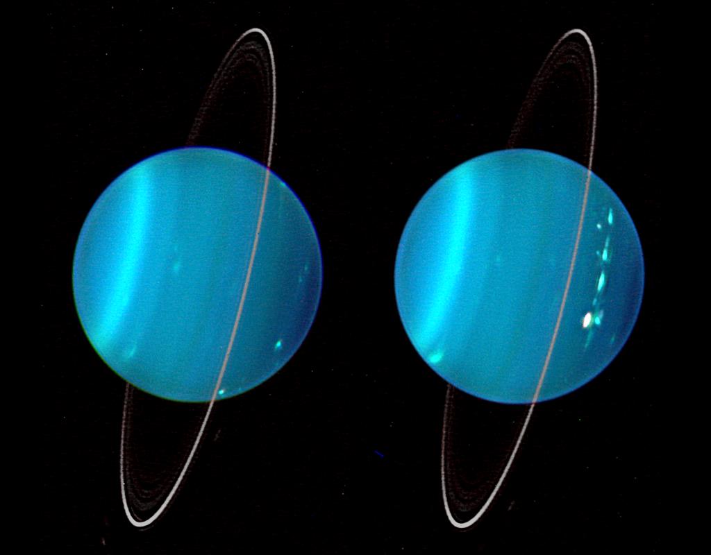 Инфракрасное составное изображение двух полушарий Урана, полученное с помощью адаптивной оптики телескопа Keck.