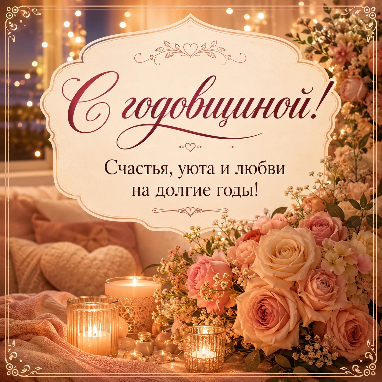 Открытка с цветами и надписью «С годовщиной! Счастья, уюта и любви на долгие годы!»