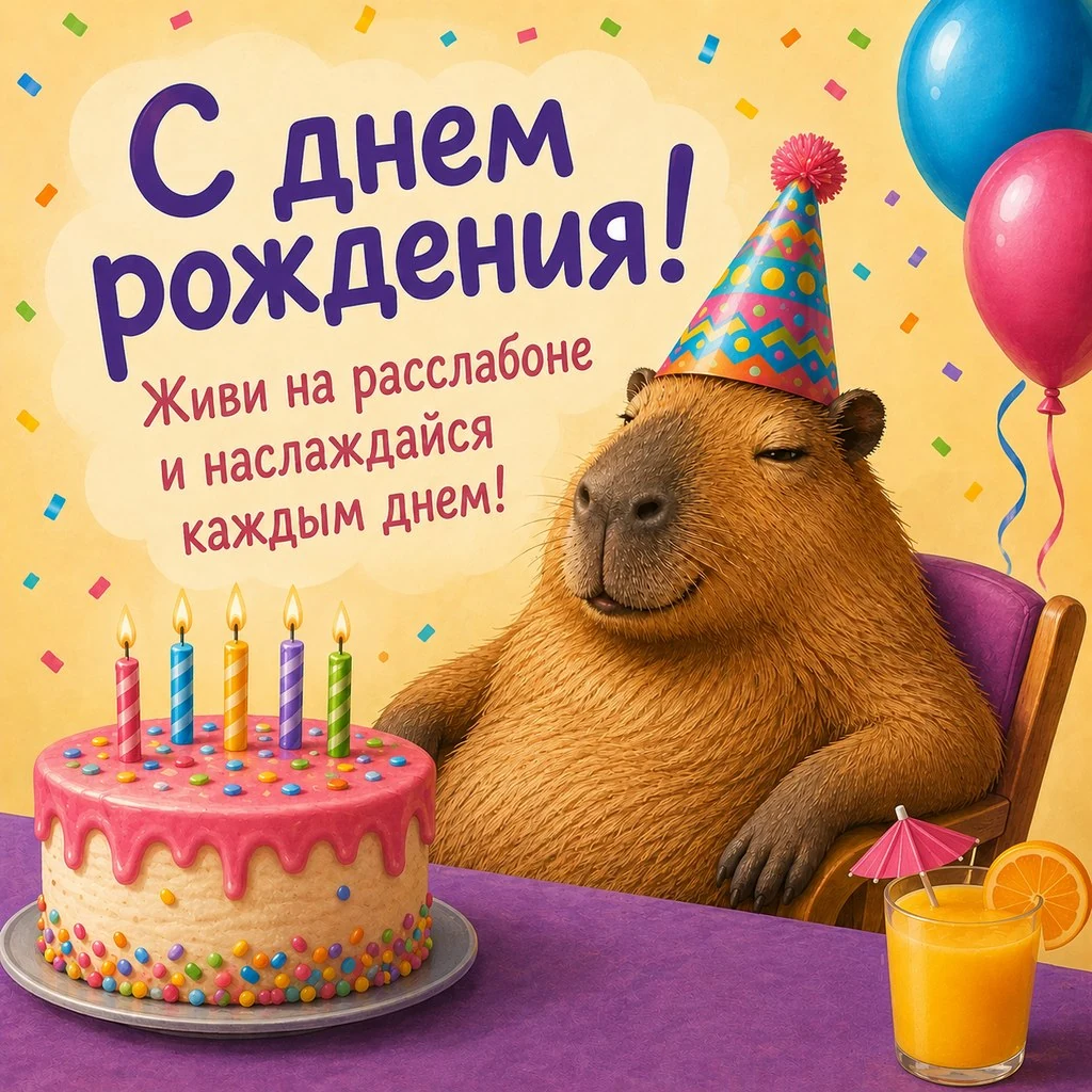 Прикольная открытка с днем рождения с капибарой в кресле