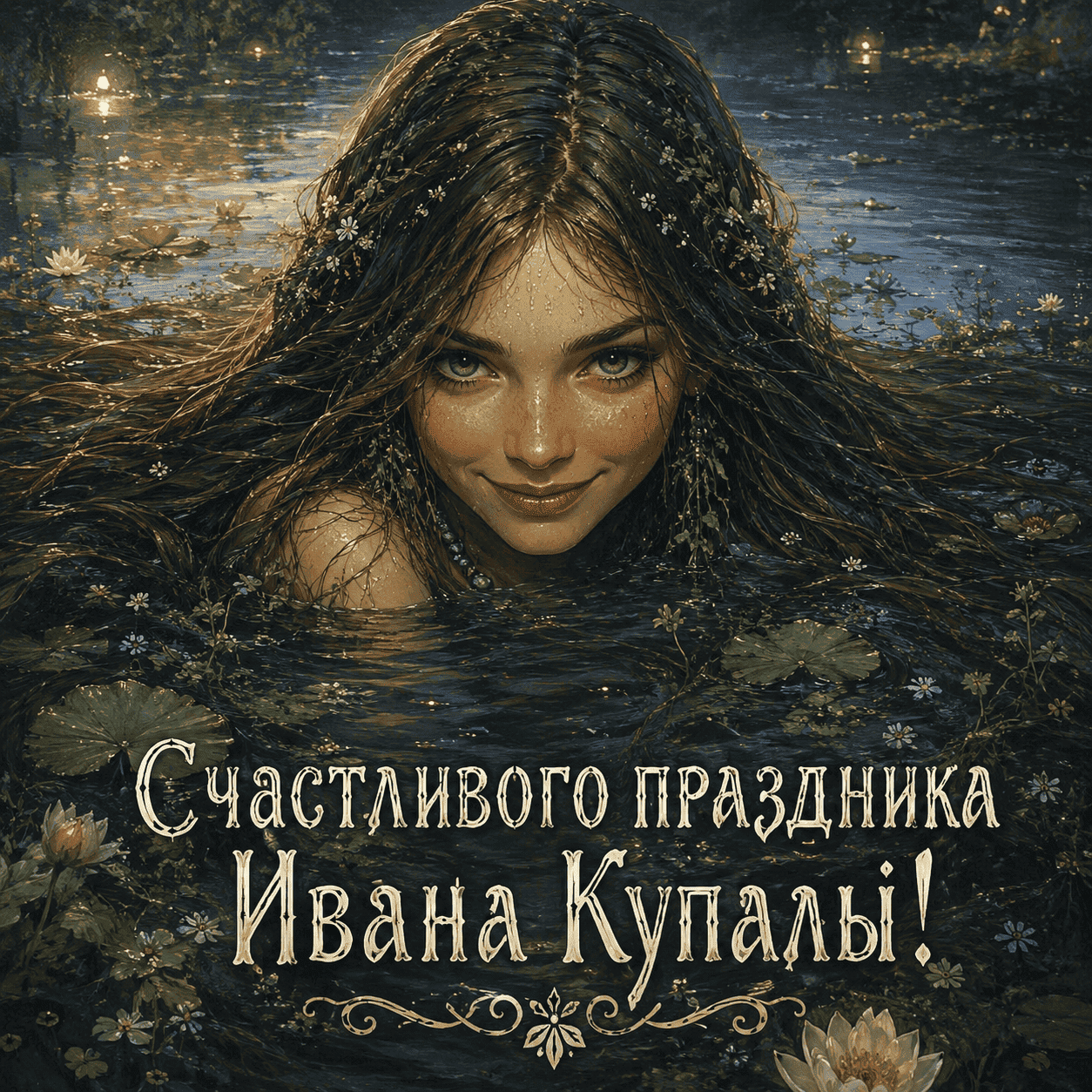 Открытка со славянской русалкой и надписью «Счастливого праздника Ивана Купалы!»