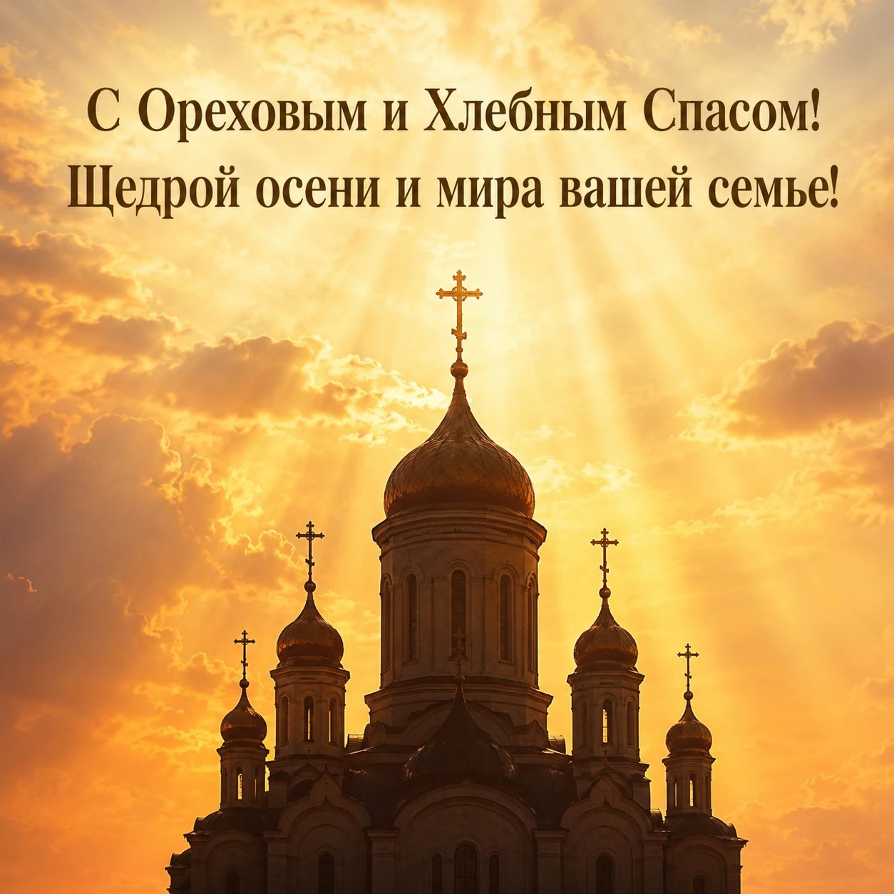 Православная открытка с Ореховым и Хлебным Спасом с храмом на закате
