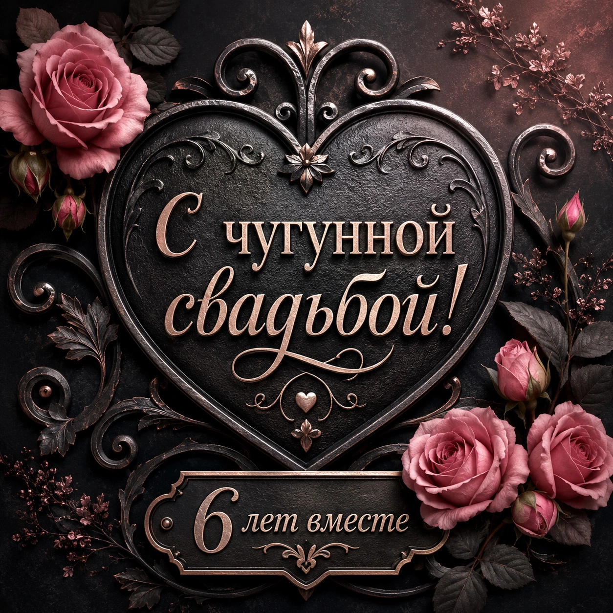 Открытка мужу с надписью «С чугунной свадьбой! 6 лет вместе»