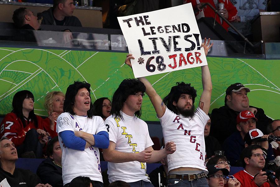 
VANCOUVER, BC - FEBRUARY 17: Fans of Jaromir Jagr of the Czech Republic cheer him on against Slovakia during the ice hockey men's preliminary game on day 6 of the Vancouver 2010 Winter Olympics at Canada Hockey Place on February 17, 2010 in Vancouver, Canada.&nbsp;