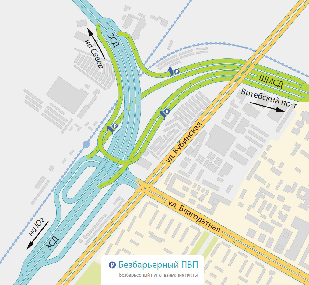 Схема расположения рамок безбарьерной системы взимания платы на Витебской развязке