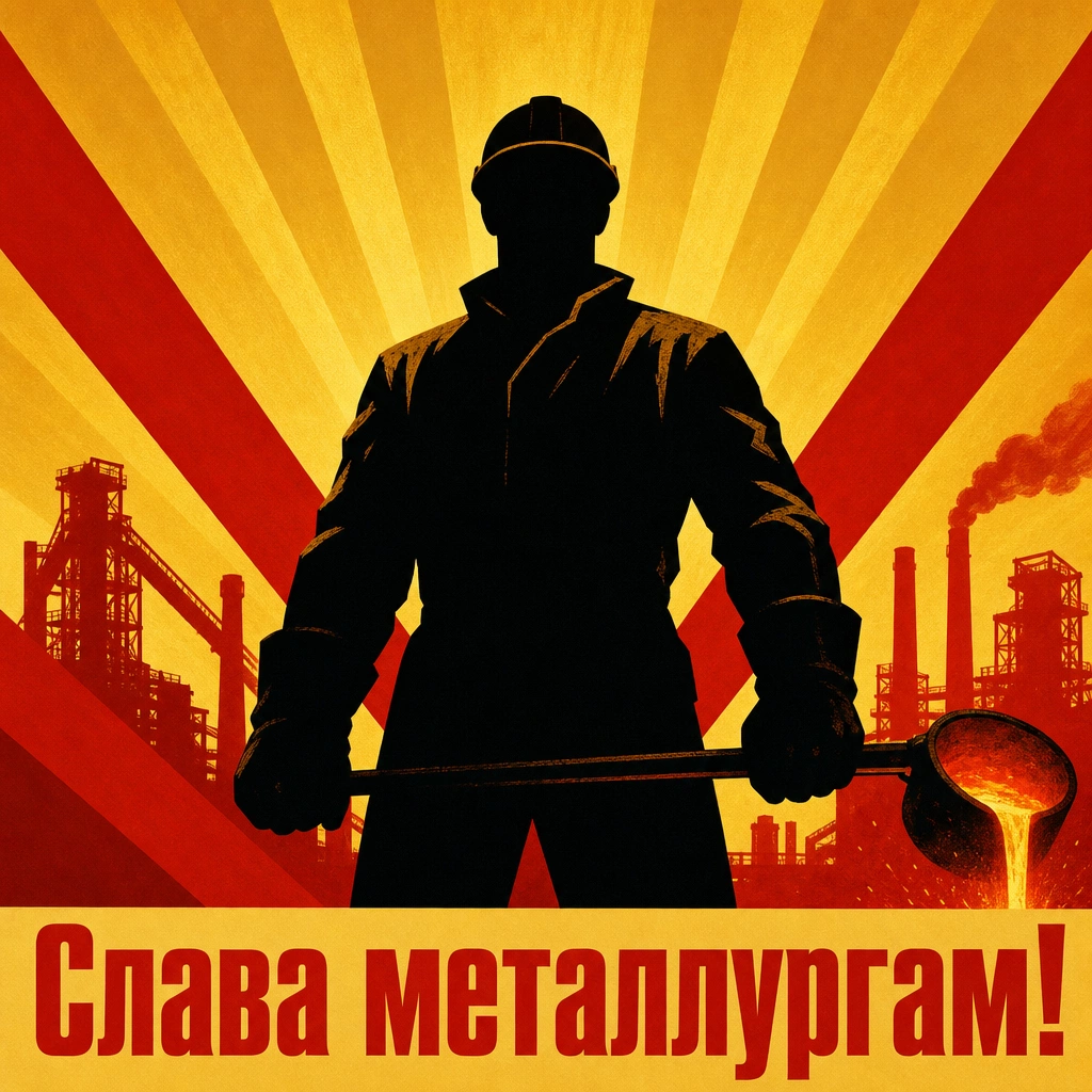 Открытка ко Дню металлурга с надписью «Слава металлургам!»