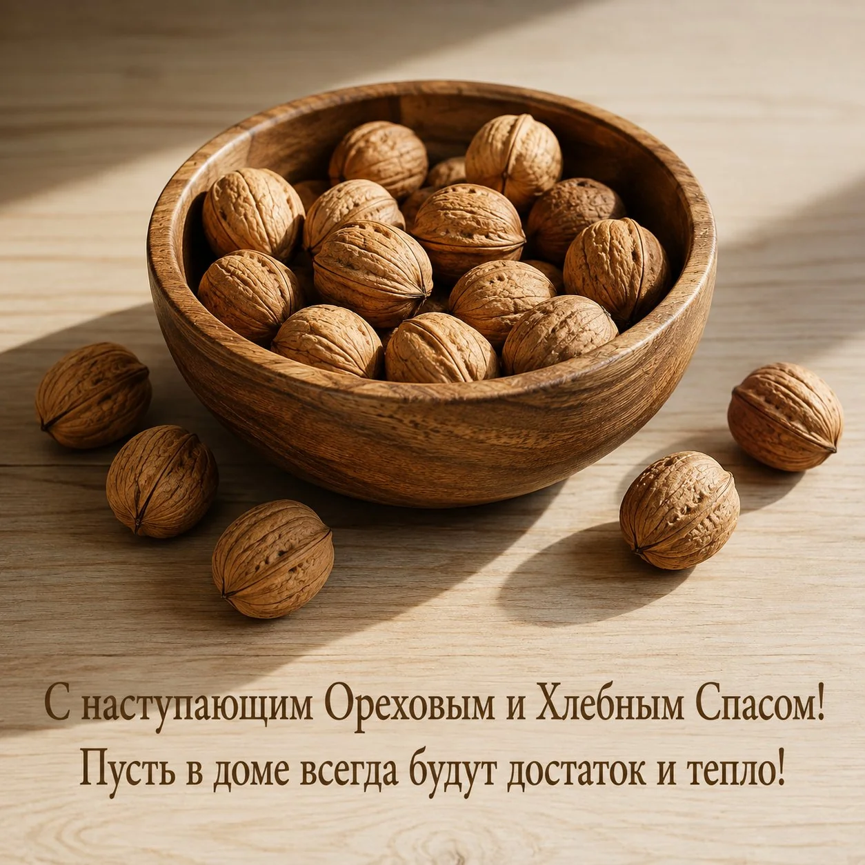 Открытка с наступающим Ореховым и Хлебным Спасом с миской грецких орехов