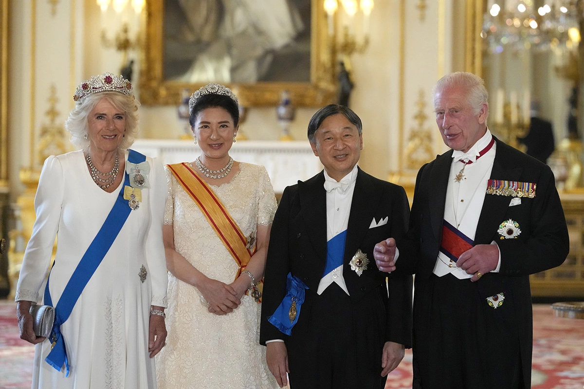 <p>Королева Камилла,&nbsp;императрица Масако, император Нарухито и король Карл III&nbsp;на банкете в Букингемском дворце. 25 июня 2024 года</p>