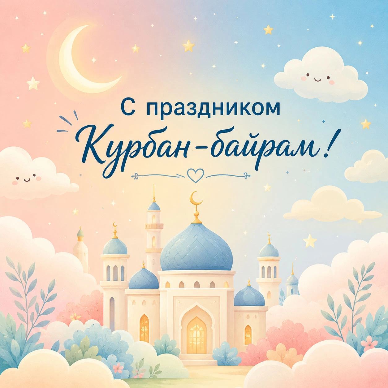 Нежное облачное поздравление с Курбан-байрамом в светлых голубых оттенках