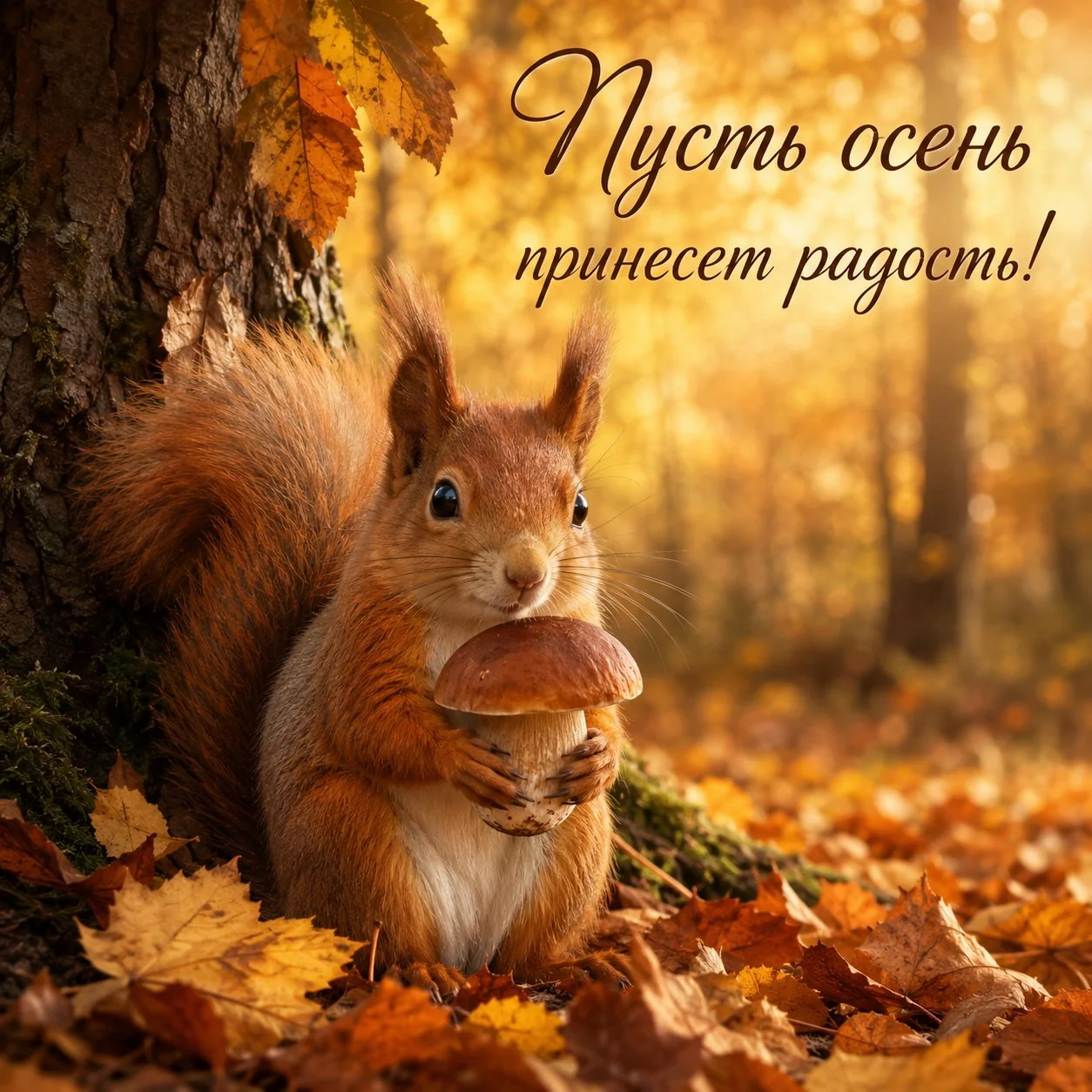 Красивая открытка с осенним лесом и белочкой
