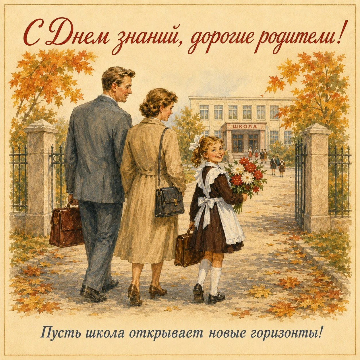 Советская открытка с надписью «С Днем знаний, дорогие родители!»