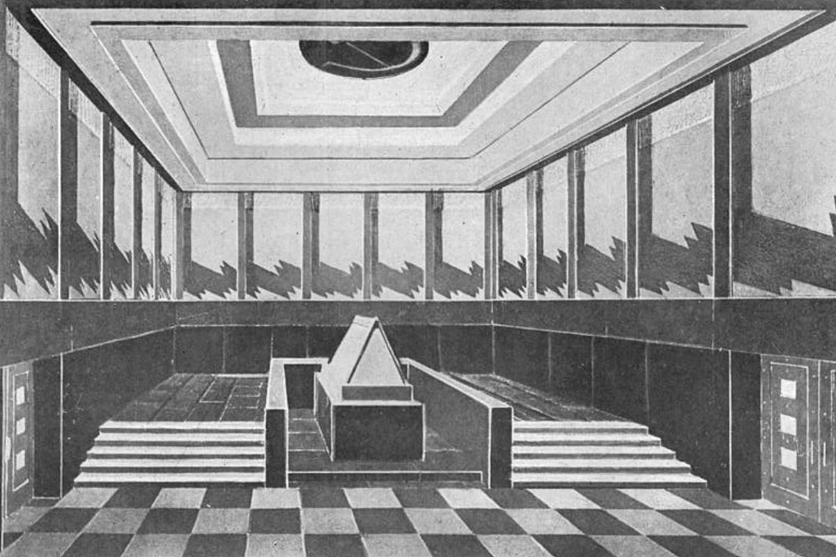 Проект интерьера траурного зала, Алексей Щусев. 1929 год. Иллюстрация из книги «Архитектура Мавзолея Ленина», Н.Н. Стоянов, 1950 год