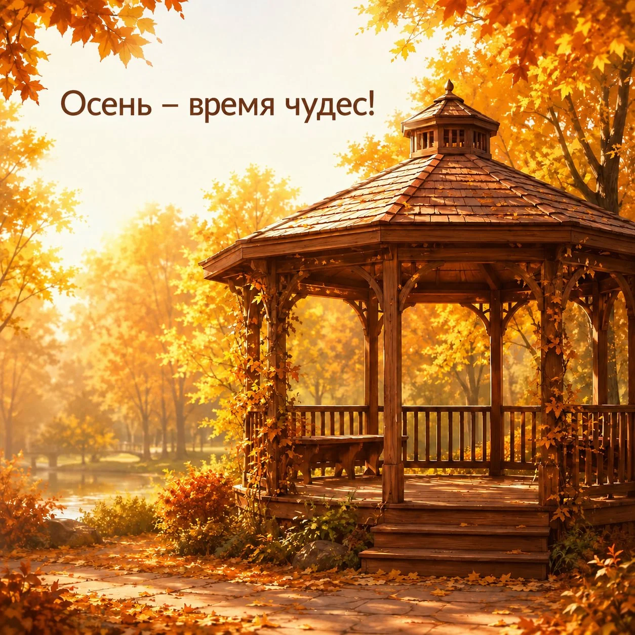 Осенняя открытка с надписью «Осень — время чудес!»