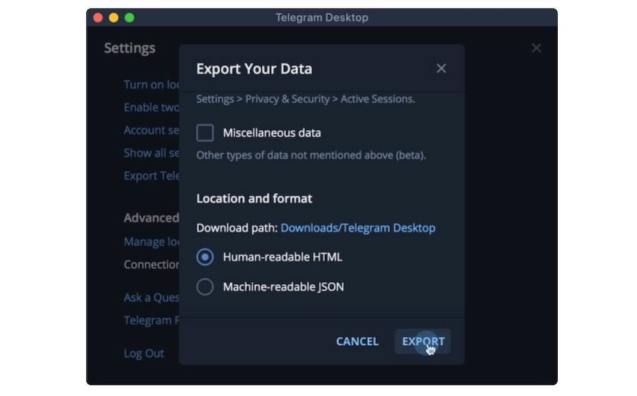 Выбрать &laquo;Экспорт данных из Telegram&raquo;, а затем выбрать формат экспортируемых данных

