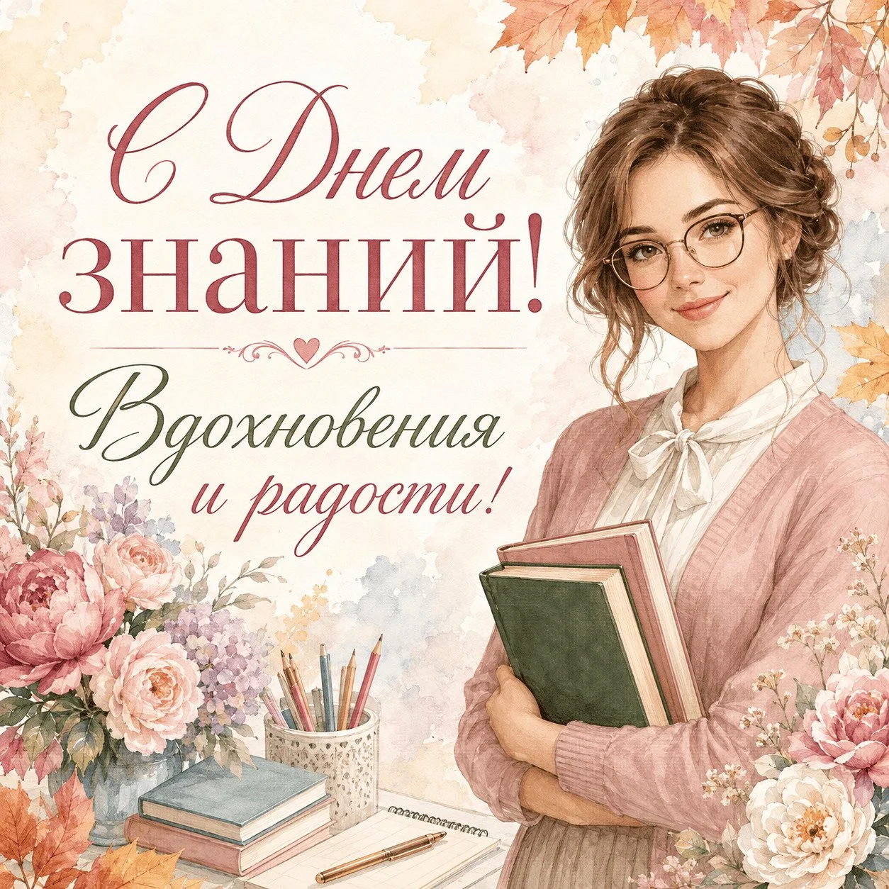 Нежная открытка с 1 Сентября с учительницей