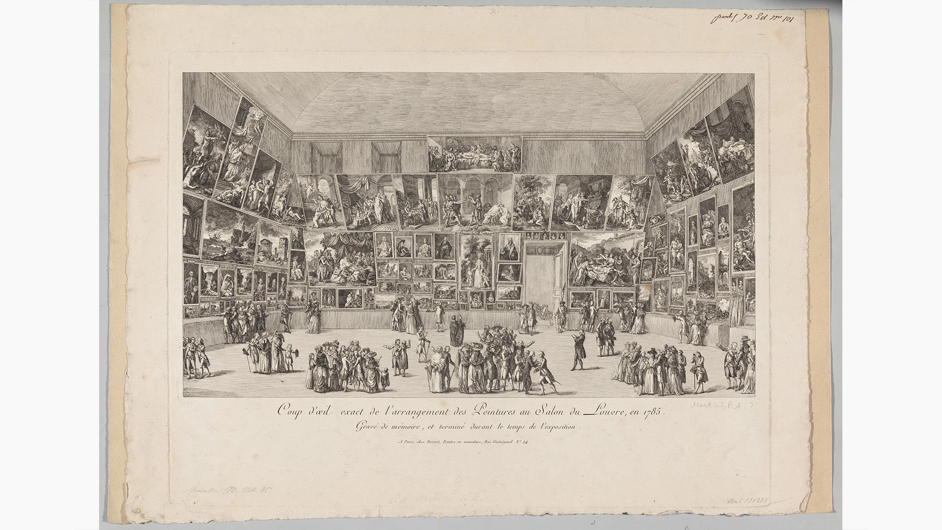 <p>Пьетро Антонио Мартини. Точное воспроизведение развески живописных полотен на Салоне в Лувре в 1785 году. Бумага, гравюра резцом</p>