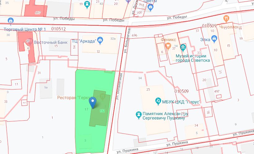 Фото: Скриншот кадастровой карты (Участок,где расположится будущая гостиница, выделен зеленым)