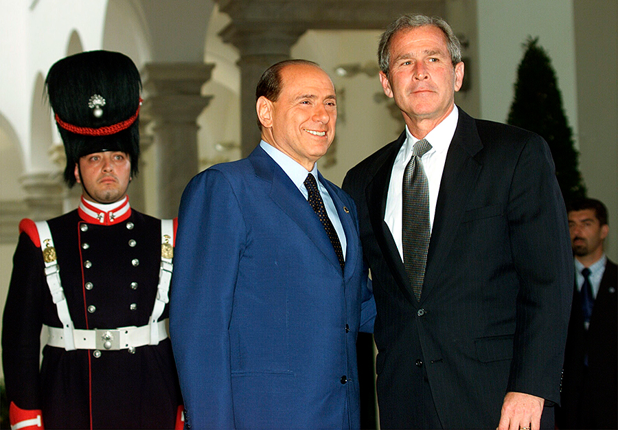 Несмотря на свои симпатии к американскому лидеру Джорджу Бушу-младшему, Берлускони не поддерживал план военного вторжения США в Ирак после событий 11 сентября 2001 года. Он долгое время пытался отговорить Буша от военной операции, но не преуспел, и в 2003 году направил итальянский контингент в составе 3200 военнослужащих в Ирак. В 2005 году после убийства американскими солдатами агента итальянской разведки Николо Калипари&nbsp;Берлускони объявил о выводе войск, но спустя сутки изменил свое решение. Войска покинули Ирак только после того, как правительство возглавил Романо Проди. Военная политика страны, а также переход Италии на евро, который привел к росту цен, снизили рейтинги Берлускони с 45% в 2001 году до 25% к маю 2004 года.

20 апреля 2005 года второе правительство Берлускони ушло в отставку, но уже спустя три дня приняло присягу его же третье правительство, продержавшееся у власти до 17 мая 2006 года. К следующим выборам Италия подошла со стагнирующей экономикой и самым низким в Европе показателем темпов экономического роста. Берлускони не удалось вновь возглавить правительство, несмотря на инициированный им пересчет голосов и сомнения в победе Проди. Тот продержался у власти лишь 18 месяцев&nbsp;&mdash; сенат не выразил доверие кабинету Проди, и он сложил полномочия. Весной 2008 года Берлускони возглавил свое четвертое правительство. Выборы сопровождались обвинениями политика в подкупе депутатов парламента и оказании давления на СМИ