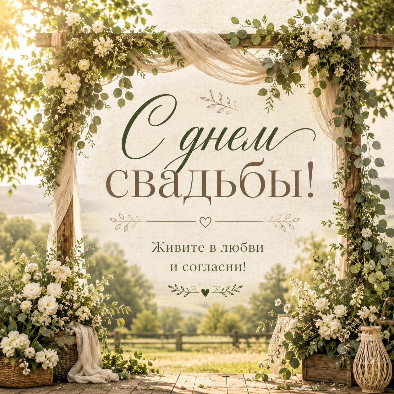 Открытка с поздравлением с днем свадьбы и пожеланием «Живите в любви и согласии!»