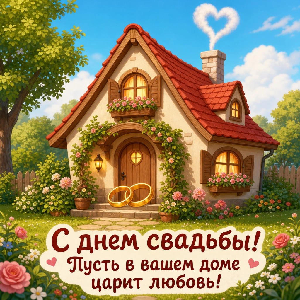 Открытка с днем свадьбы и надписью «С днем свадьбы! Пусть в вашем доме царит любовь!»