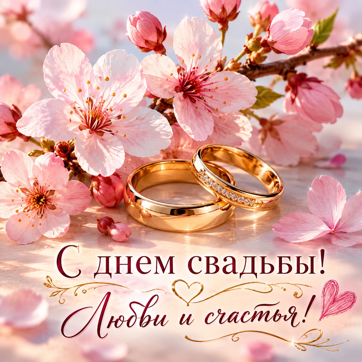 Открытка с цветущей сакурой и надписью «С днем свадьбы! Любви и счастья!»