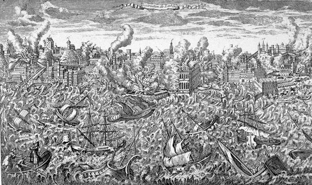 Гравюра 1755 года, изображающая руины Лиссабона в пламени пожаров и волнах цунами, накрывающих корабли в гавани