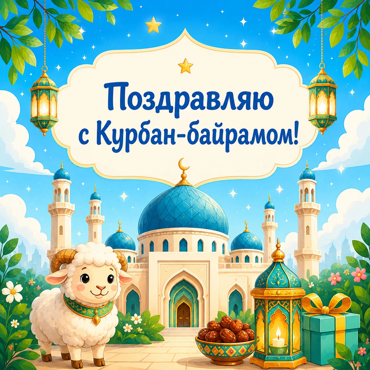 Яркая праздничная открытка с Курбан-байрамом с барашком, мечетью и фонарями