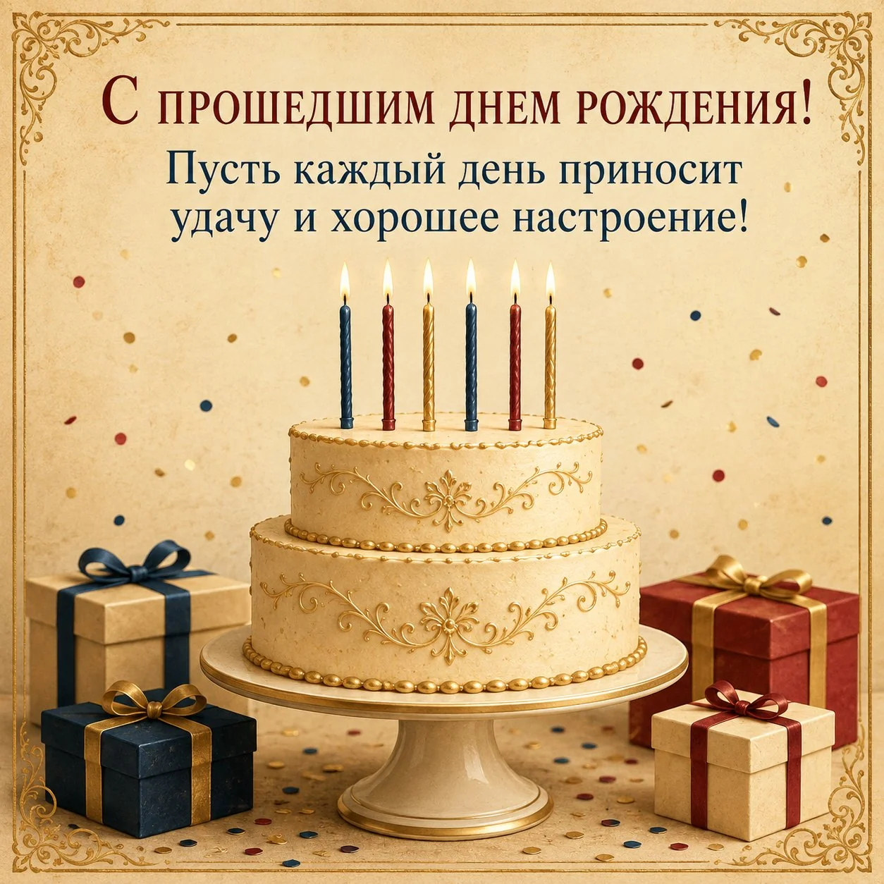 Открытка с прошедшим днем рождения с пожеланием удачи и хорошего настроения