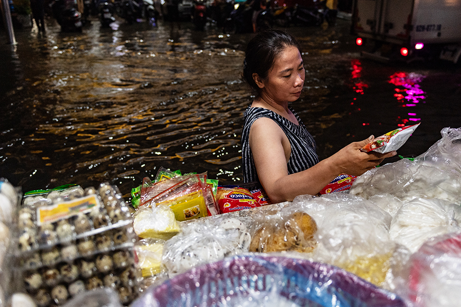 Женщина покупает продукты на затопленной улице Хошимина. Это крупнейший город Вьетнама, особенно подверженный наводнениям. Ситуация с природными катаклизмами там ухудшилась в последние годы из-за глобального потепления и роста уровня моря. По данным Всемирного банка, увеличение этого показателя на 40 см приводит в потере 1&ndash;5% ВВП города ежегодно&nbsp;
&nbsp;
