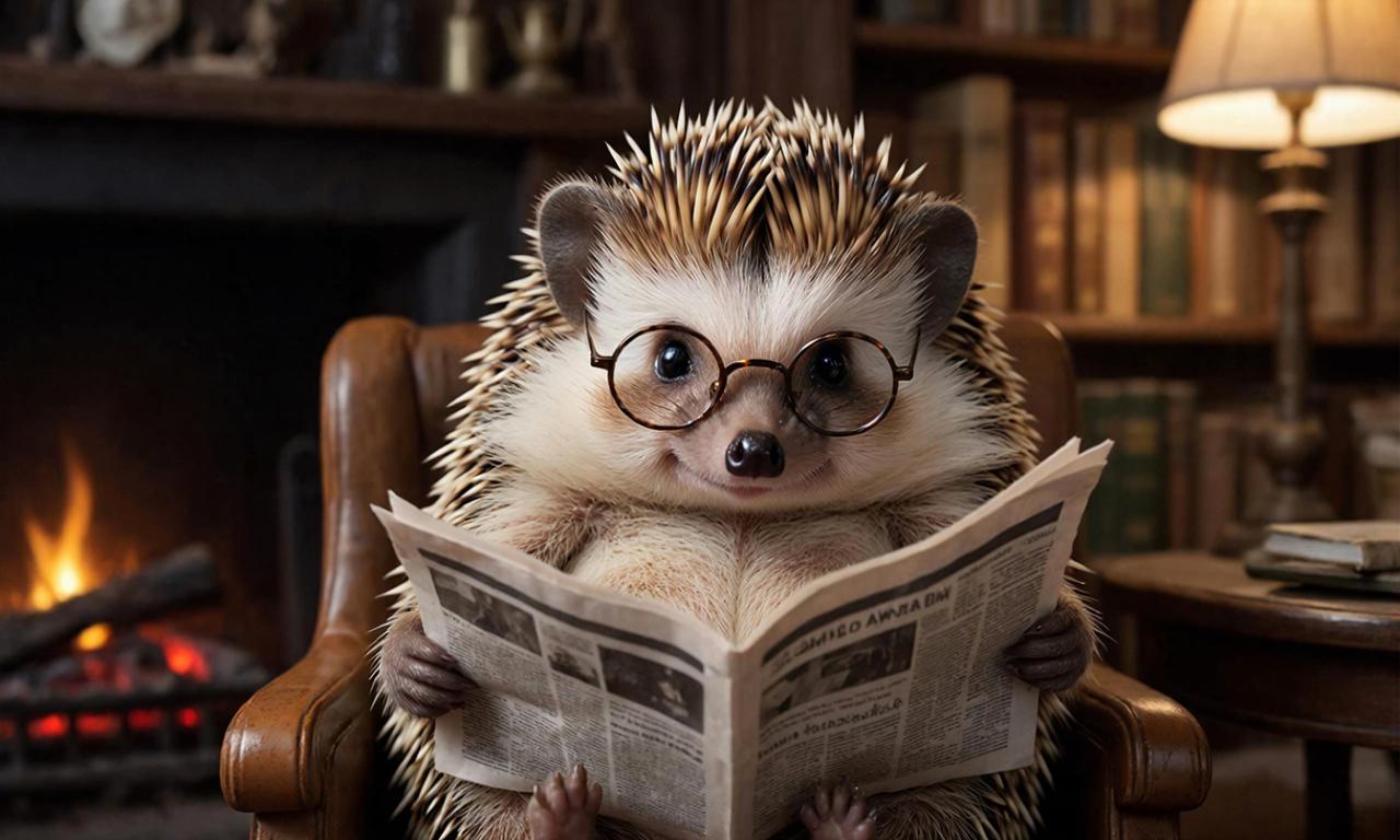 Изображение, сгенерированное Kandinsky по промпту &laquo;Ежик читает газету, сидя у камина&raquo;