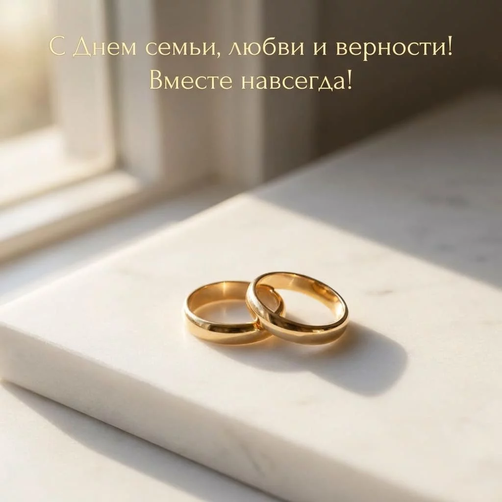 Красивая открытка с поздравлением с Днем семьи, любви и верности и обручальными кольцами