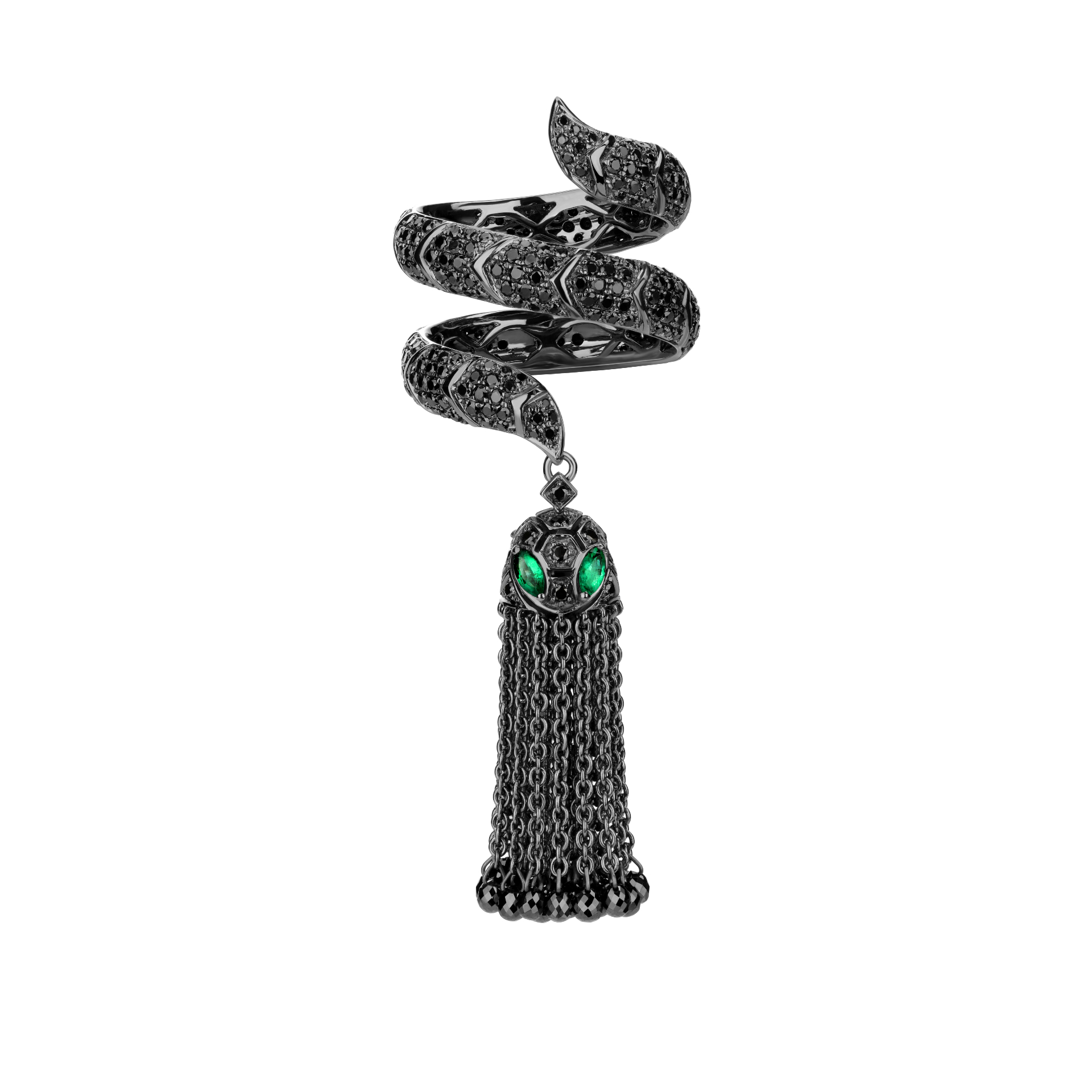 Кольцо-кисть из черненого золота с черными бриллиантами и&nbsp;изумрудами,&nbsp;Tassel by Yana