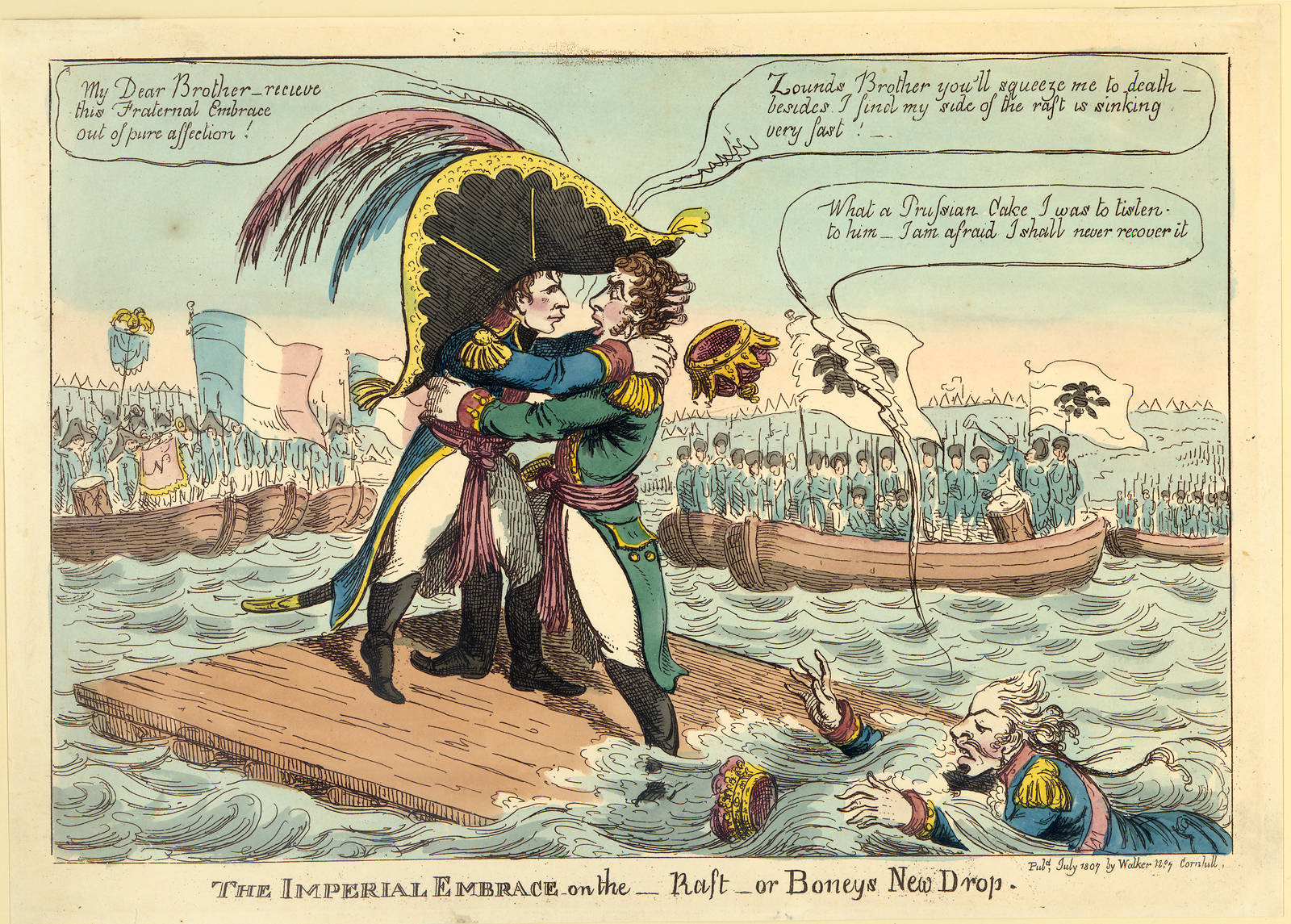 &laquo;Императорские объятия&raquo;. Английская карикатура на Тильзитский мир 1807 года, одним из условий которого было присоединение России к Континентальной блокаде