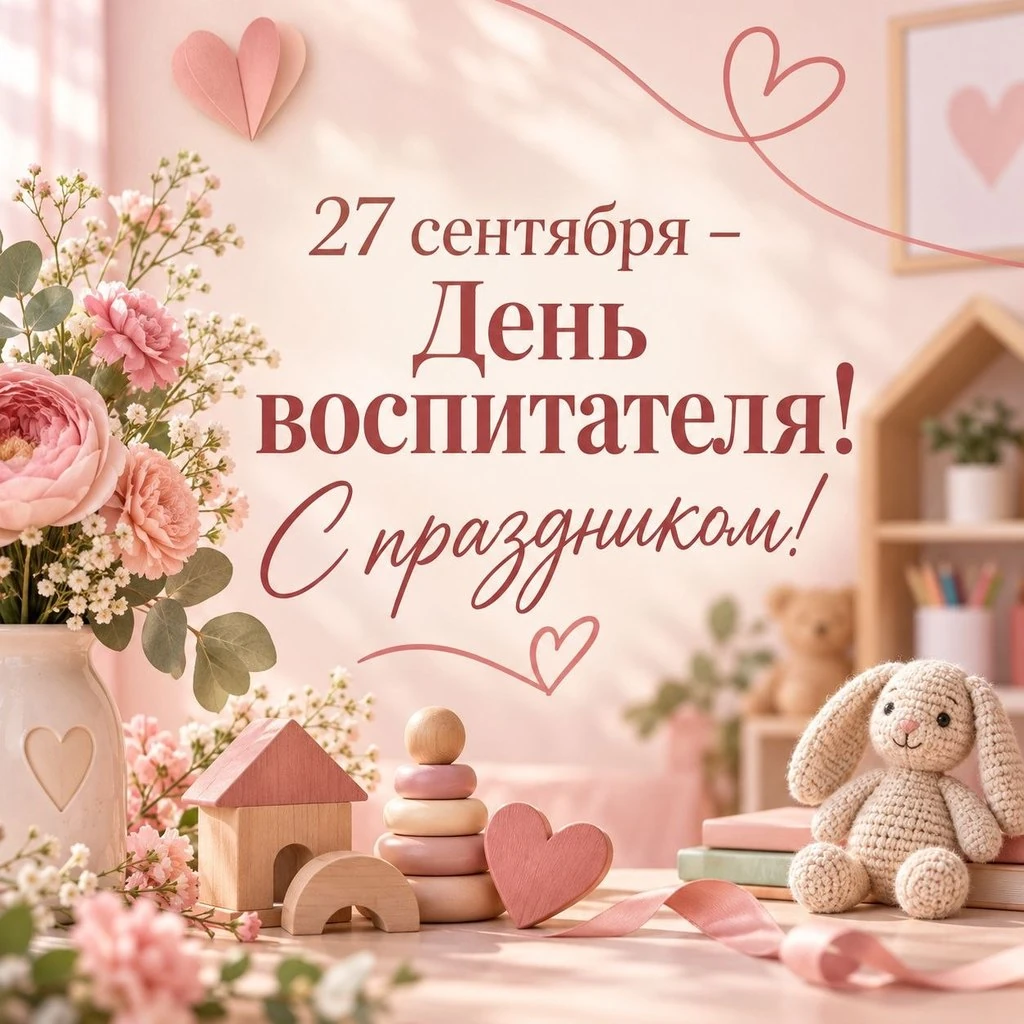 Открытка с надписью «27 сентября — День воспитателя! С праздником!»