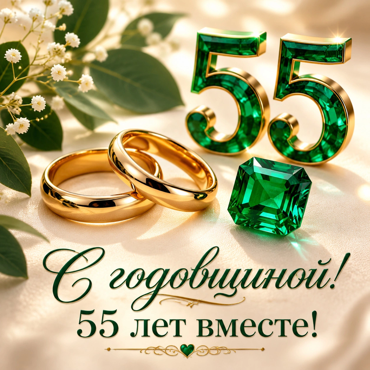 Открытка с изумрудами и надписью «С годовщиной! 55 лет вместе!»