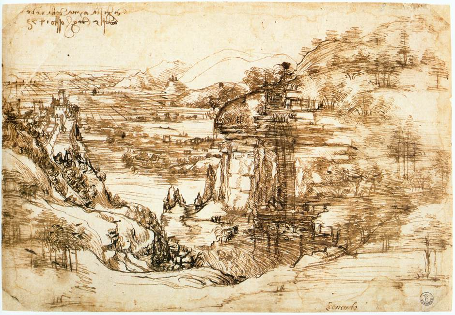 Леонардо да Винчи. Пейзаж Санта-Мария-делла-Неве, 1473
