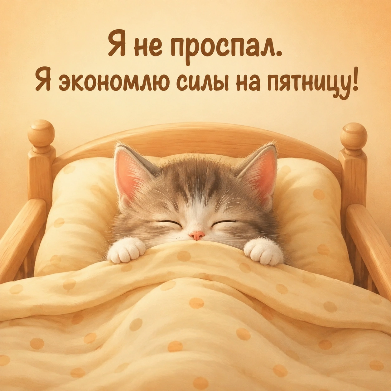 Милая открытка с надписью «Я не проспал. Я экономлю силы на пятницу!»