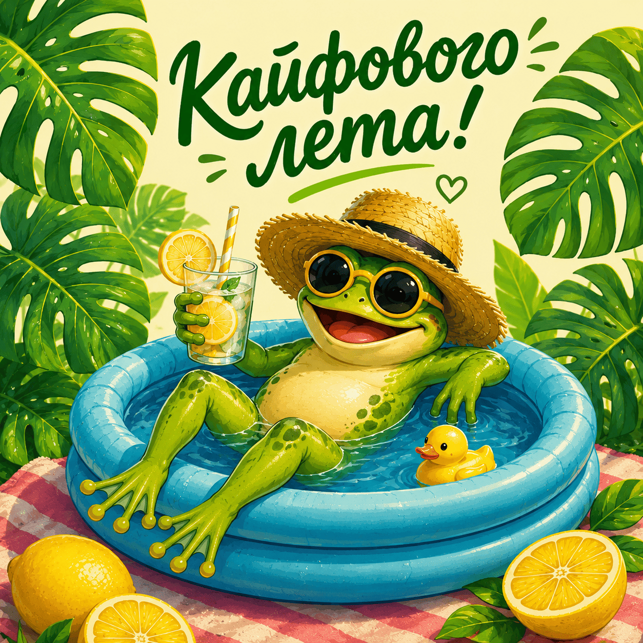Открытка с лягушкой в бассейне и надписью «Кайфового лета!»