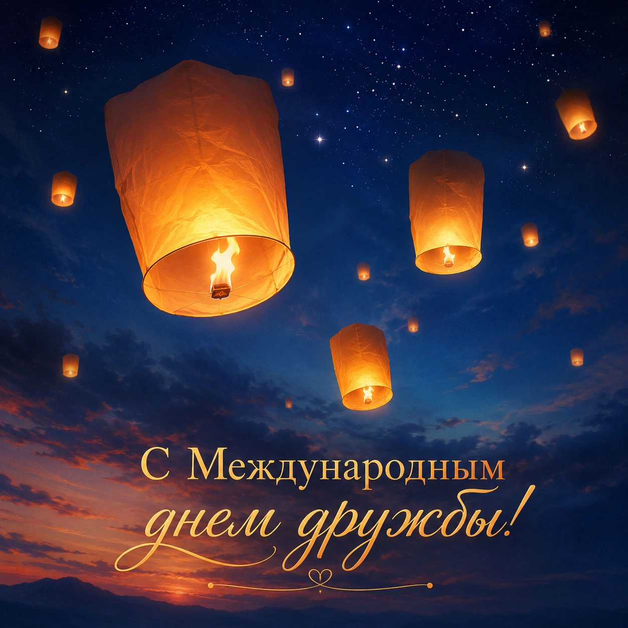 Красивая открытка ко Дню дружбы с бумажными фонариками в ночном небе
