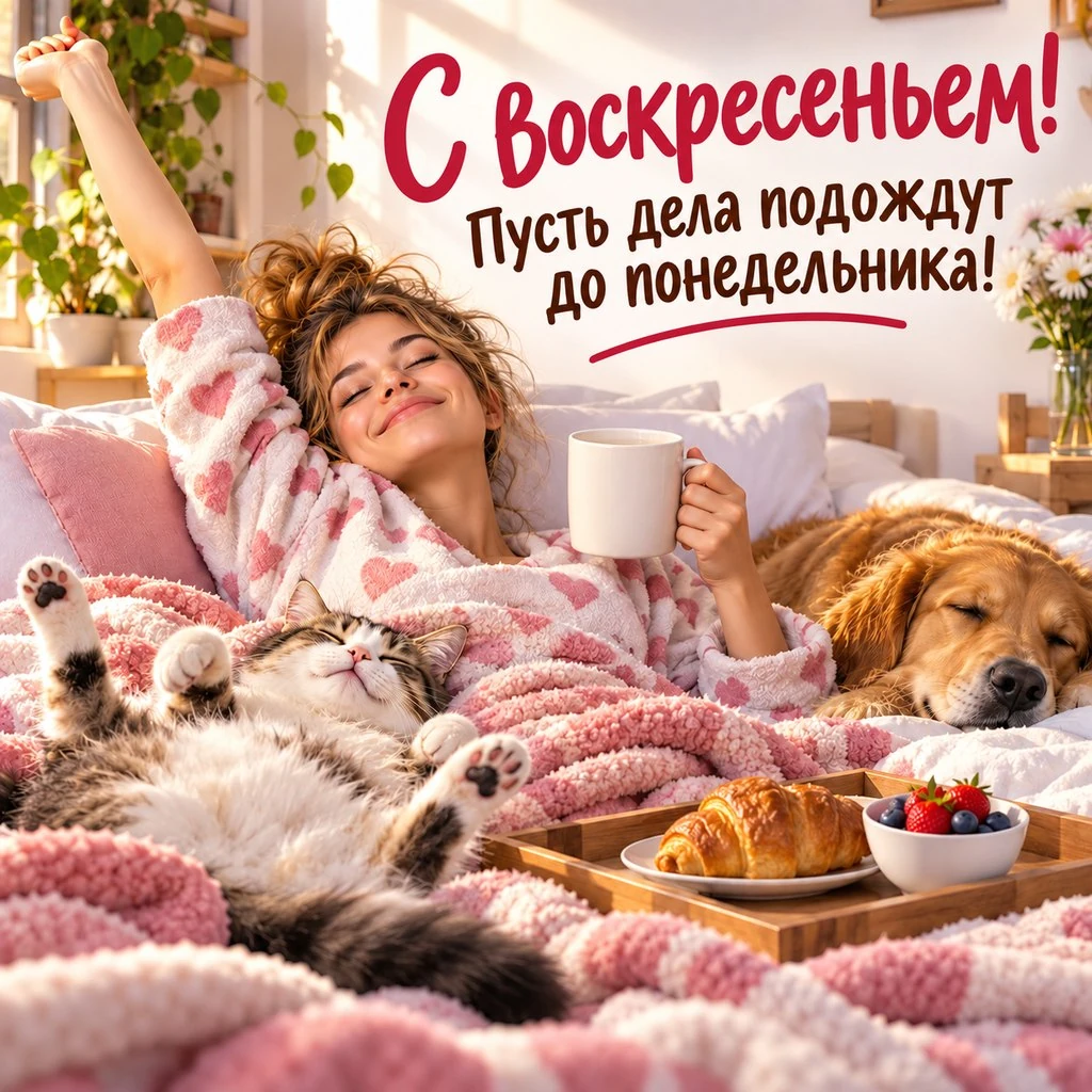 Прикольная открытка с воскресеньем и надписью «Пусть дела подождут до понедельника!»