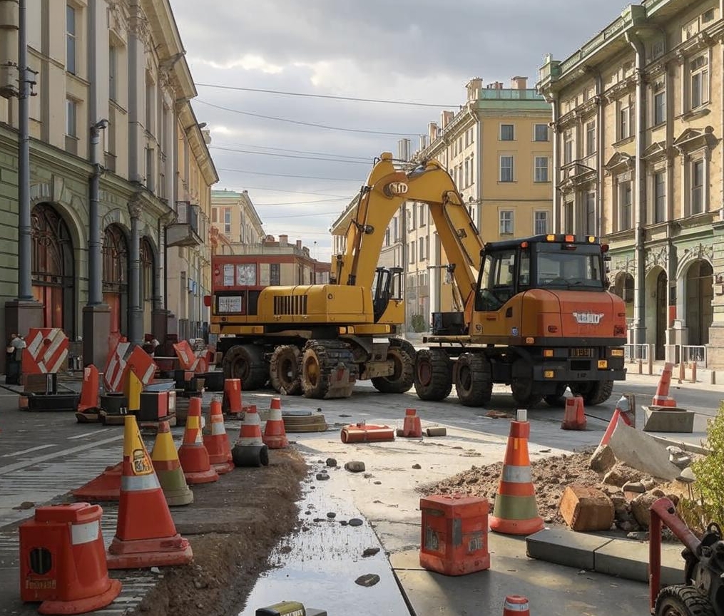Строительная техника на Большой Морской улице