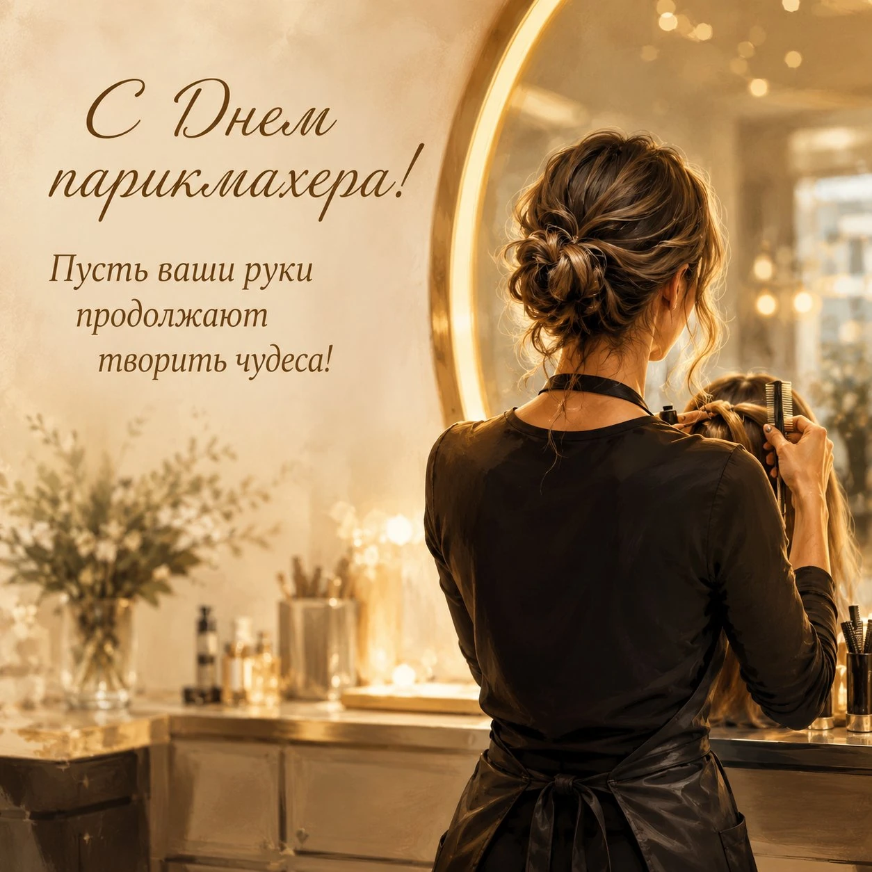 Теплая открытка с Днем парикмахера со стилистом у зеркала