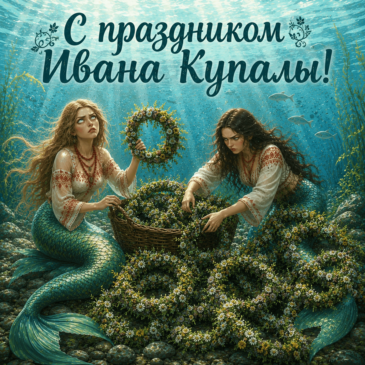 Открытка с двумя русалками