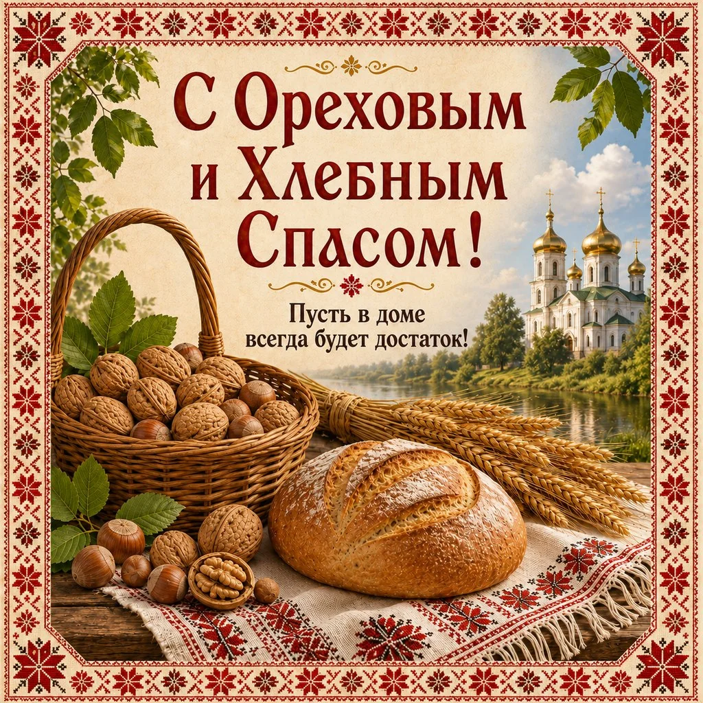 Открытка с Ореховым и Хлебным Спасом с пожеланием достатка в доме
