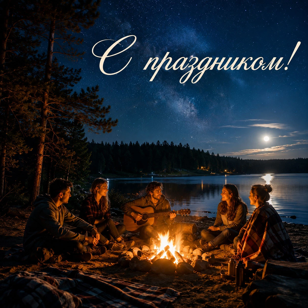 Люди у костра ночью и надпись «С праздником!»