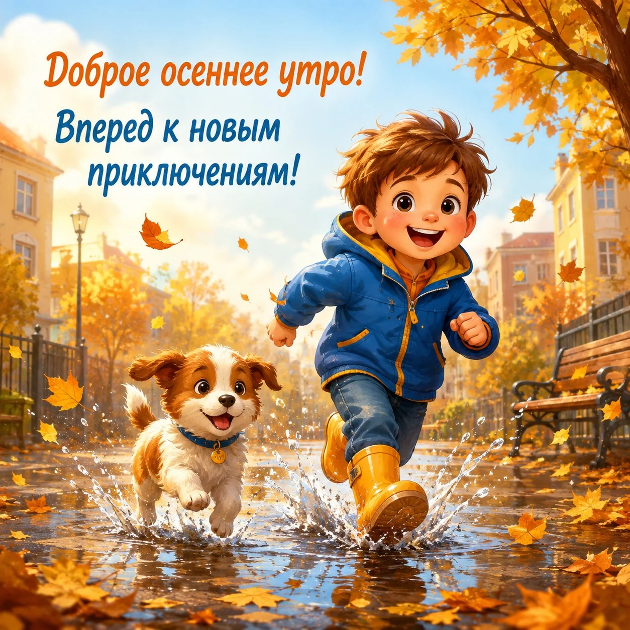 Осенняя открытка с добрым утром с мальчиком и щенком