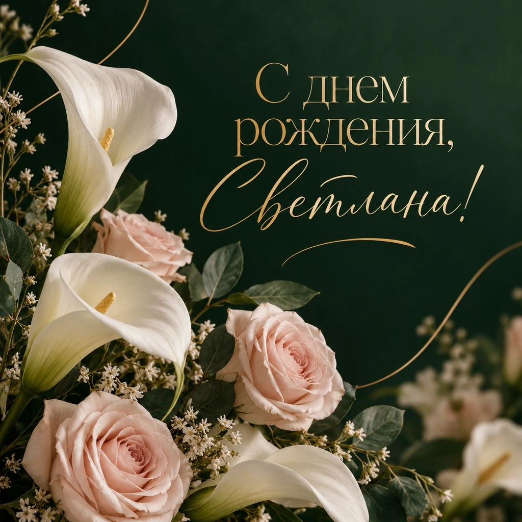 Элегантная открытка с днем рождения Светлане с лилиями