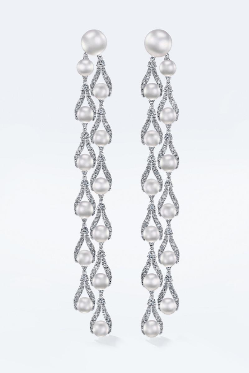 Серьги &laquo;Коронация&raquo;, белое золото, жемчуг, бриллианты, Posie