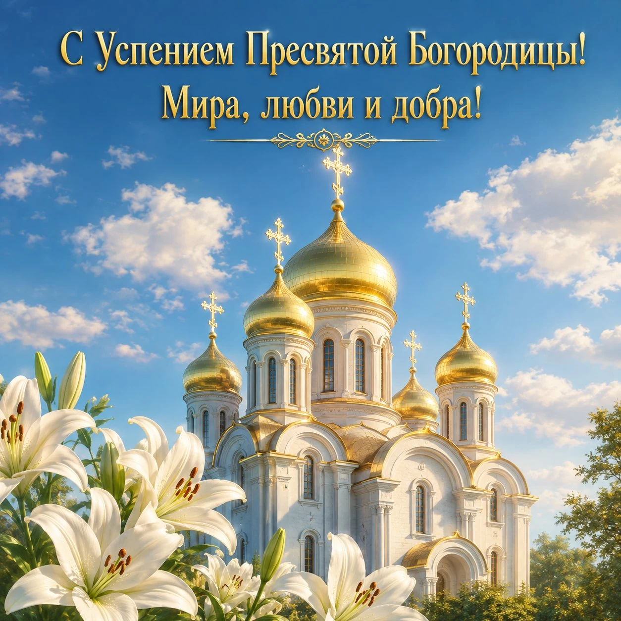 Открытка с надписью «С Успением Пресвятой Богородицы! Мира, любви и добра!»